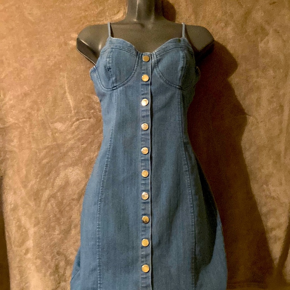Iris Blue Denim like Dress Buttom Up Large Vintage Style